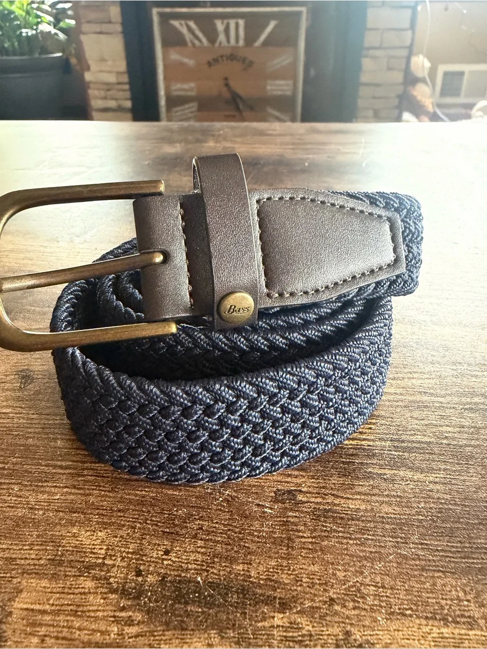 Bass Navy Woven Belt with Brown Leather and Brass Buckle